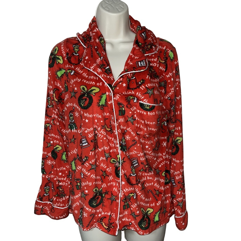 The Grinch Pajama Top Women’s Medium Red Long Sleeve Fleece Button Christmas